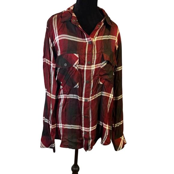 Sanctuary Boyfriend Shirt Size M Red Black Plaid Button Front Long Sleeve Rayon - Picture 1 of 5
